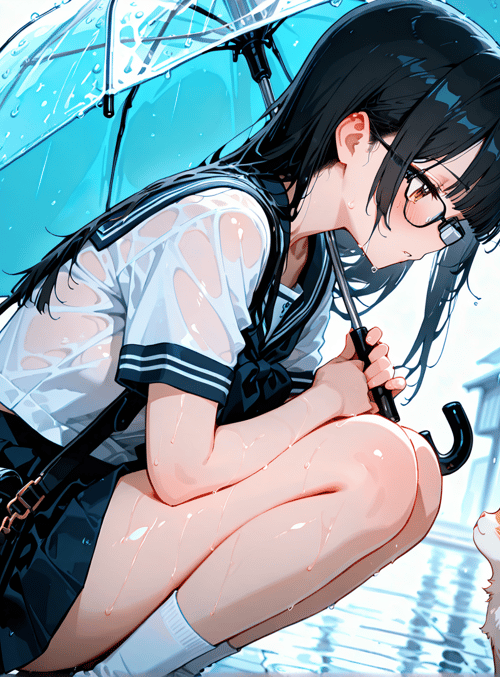 girl, cat, umbrella, street, rain