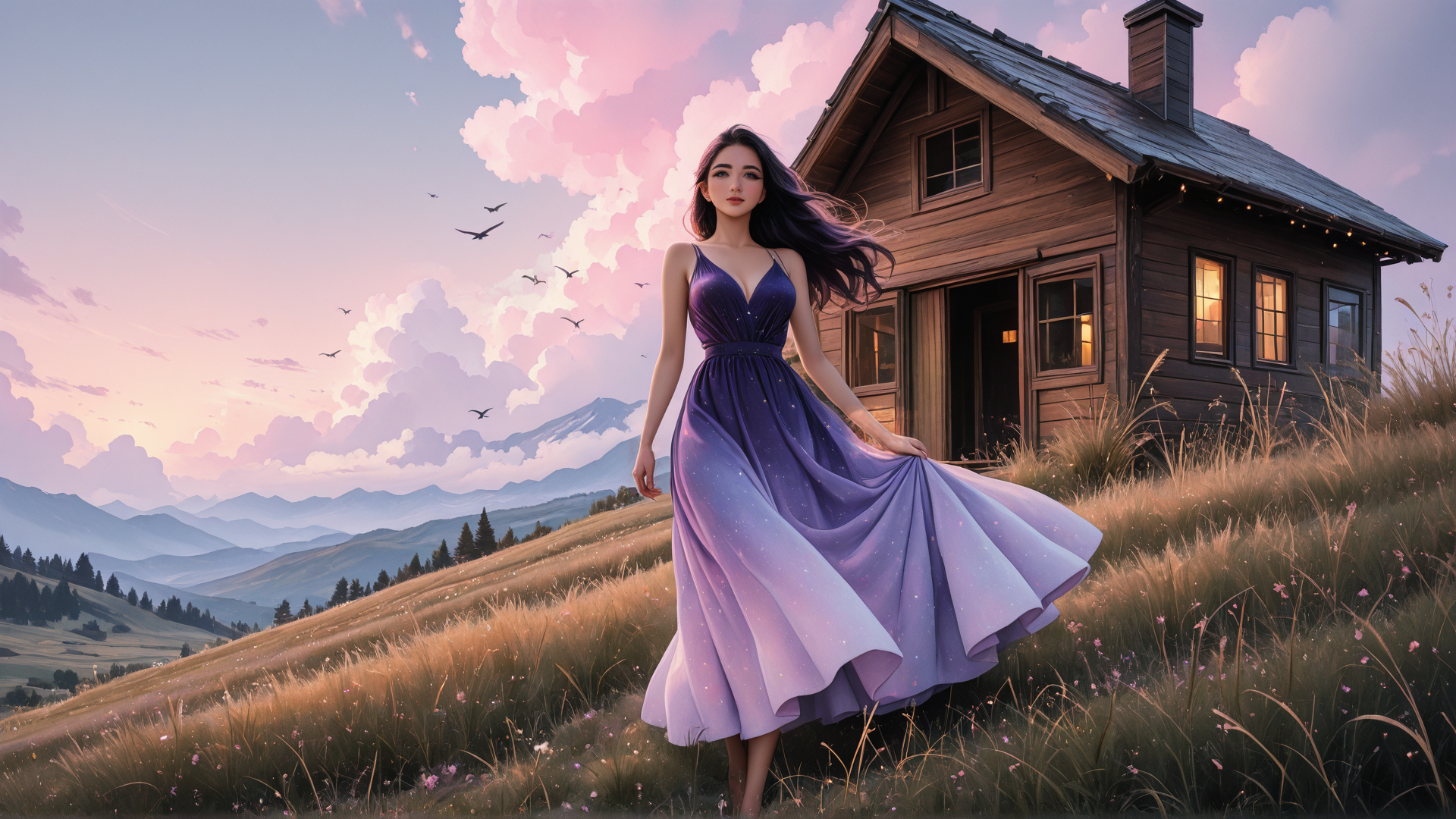 AI generated wallpaper featuring woman, house, mountains