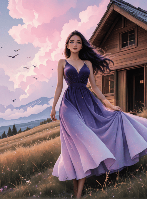 woman, house, mountains