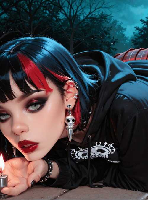 woman, candle, skull, graveyard, skirt, hoodie, earring, boots, tombstone, flower