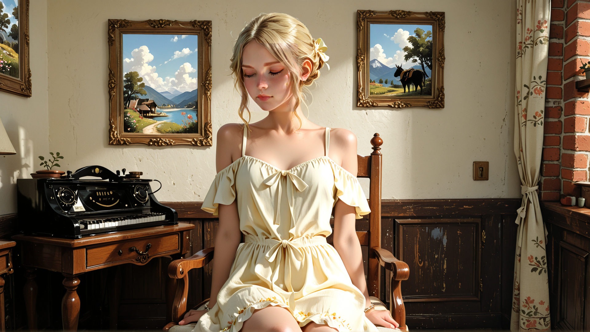 AI generated wallpaper featuring woman, dress, chair, piano, painting, curtain, wall, brick, flower, book