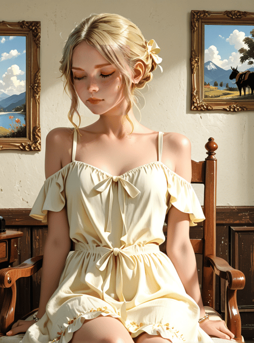 woman, dress, chair, piano, painting, curtain, wall, brick, flower, book