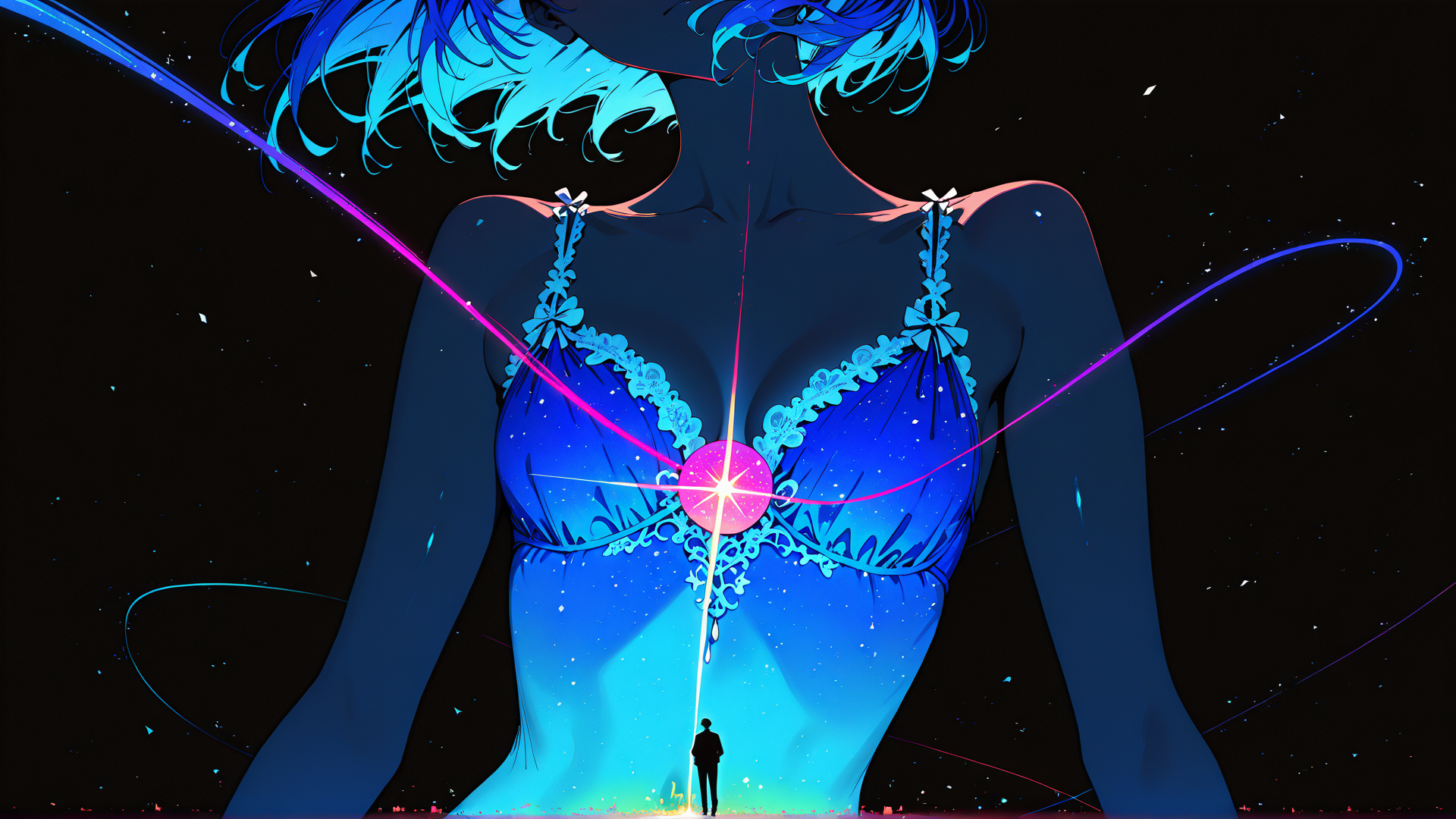 AI generated wallpaper featuring woman, brassiere, silhouette, star, light