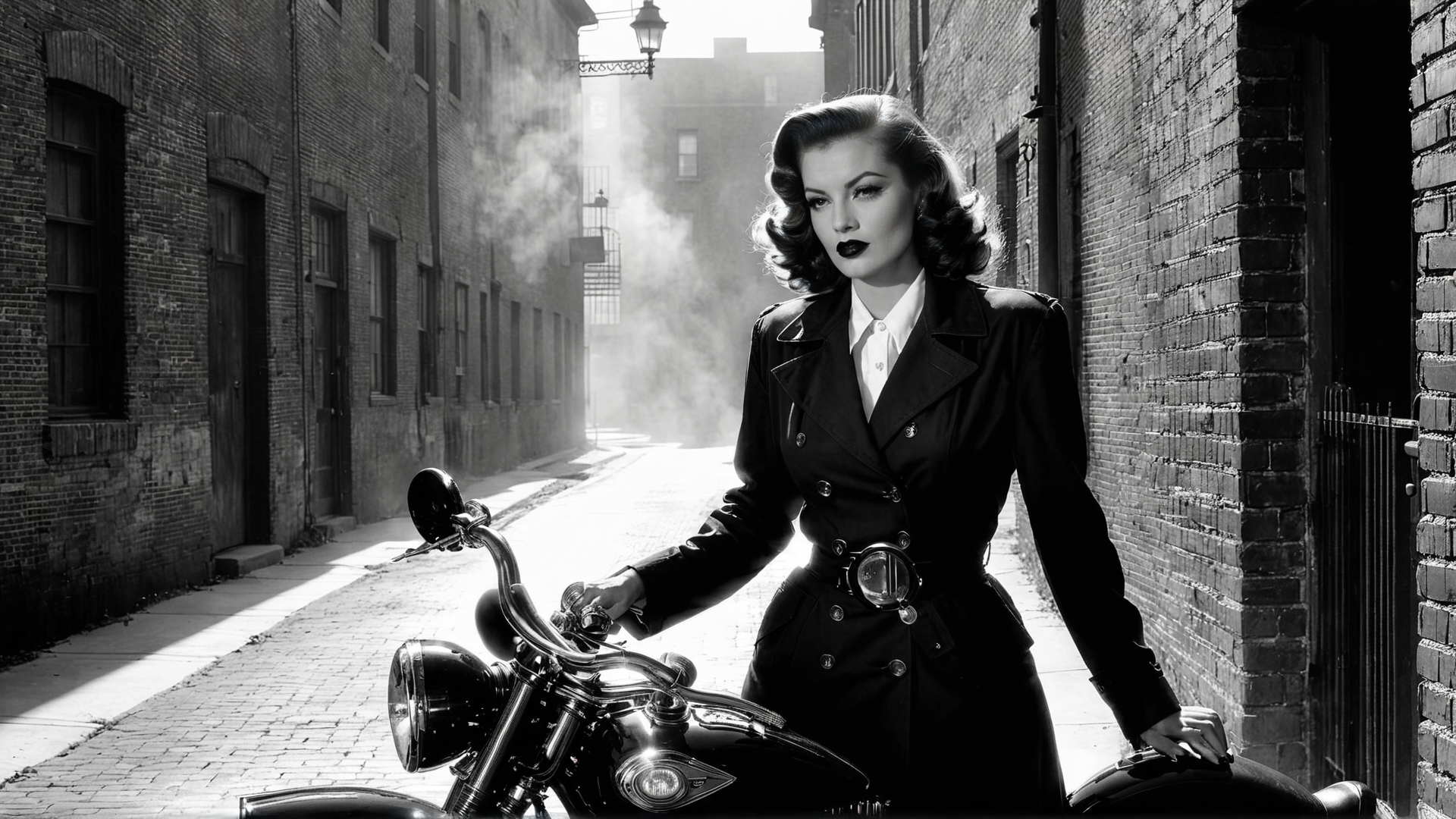 AI generated wallpaper featuring woman, motorcycle, alley
