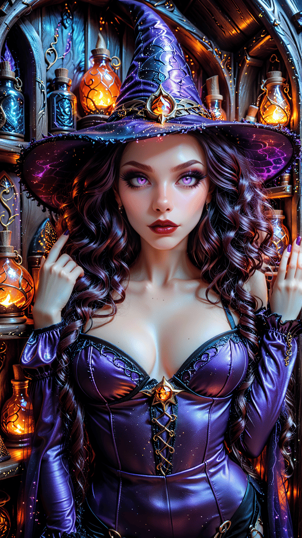 AI generated wallpaper featuring witch, wizard, woman, hat, bottle, lantern, curly, dress, gem, sparkle