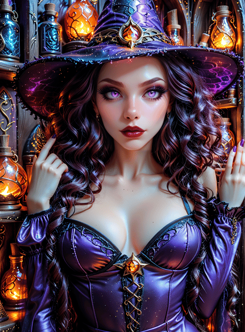 witch, wizard, woman, hat, bottle, lantern, curly, dress, gem, sparkle