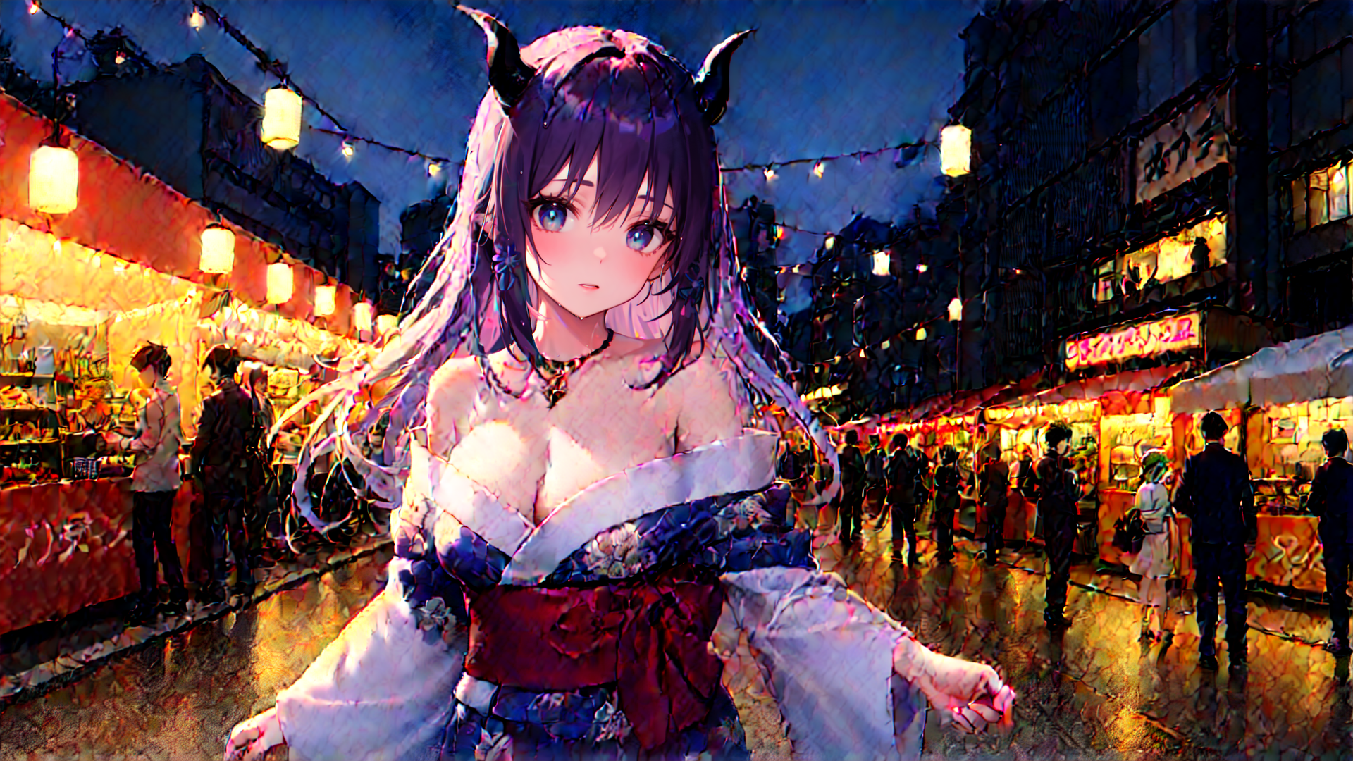 AI generated wallpaper featuring anime girl, devil horns, market street, lanterns, crowd, traditional dress, night scene
