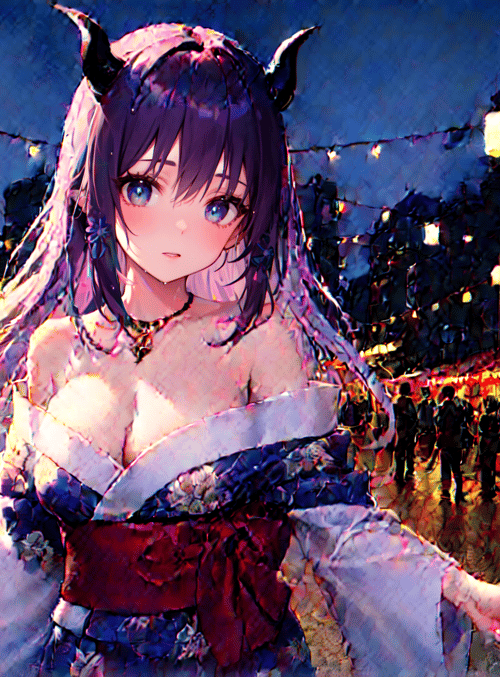 anime girl, devil horns, market street, lanterns, crowd, traditional dress, night scene