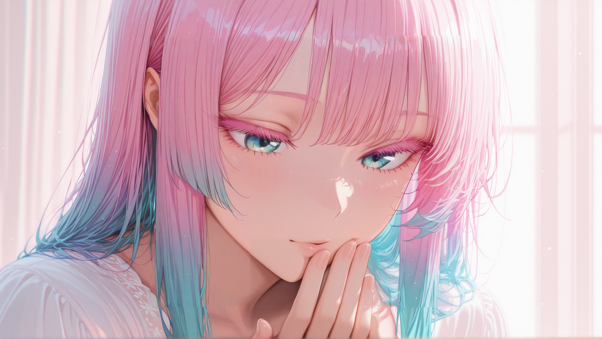 AI generated wallpaper featuring anime girl, pink hair, blue eyes