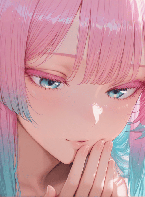 anime girl, pink hair, blue eyes