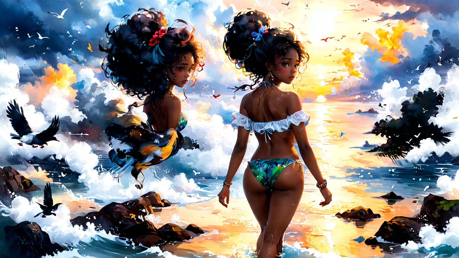 AI generated wallpaper featuring woman, ocean, sunset