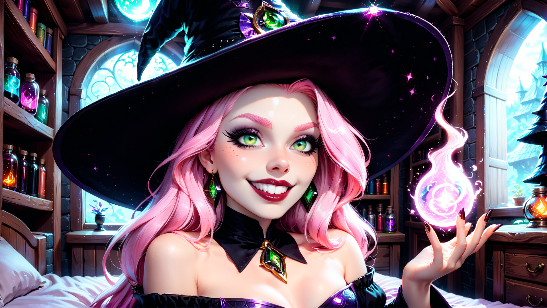 AI generated wallpaper featuring witch, witch hat, magic orb, bookshelf, pink hair, green eyes, vintage room, window, bottles, earring