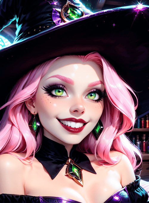 witch, witch hat, magic orb, bookshelf, pink hair, green eyes, vintage room, window, bottles, earring