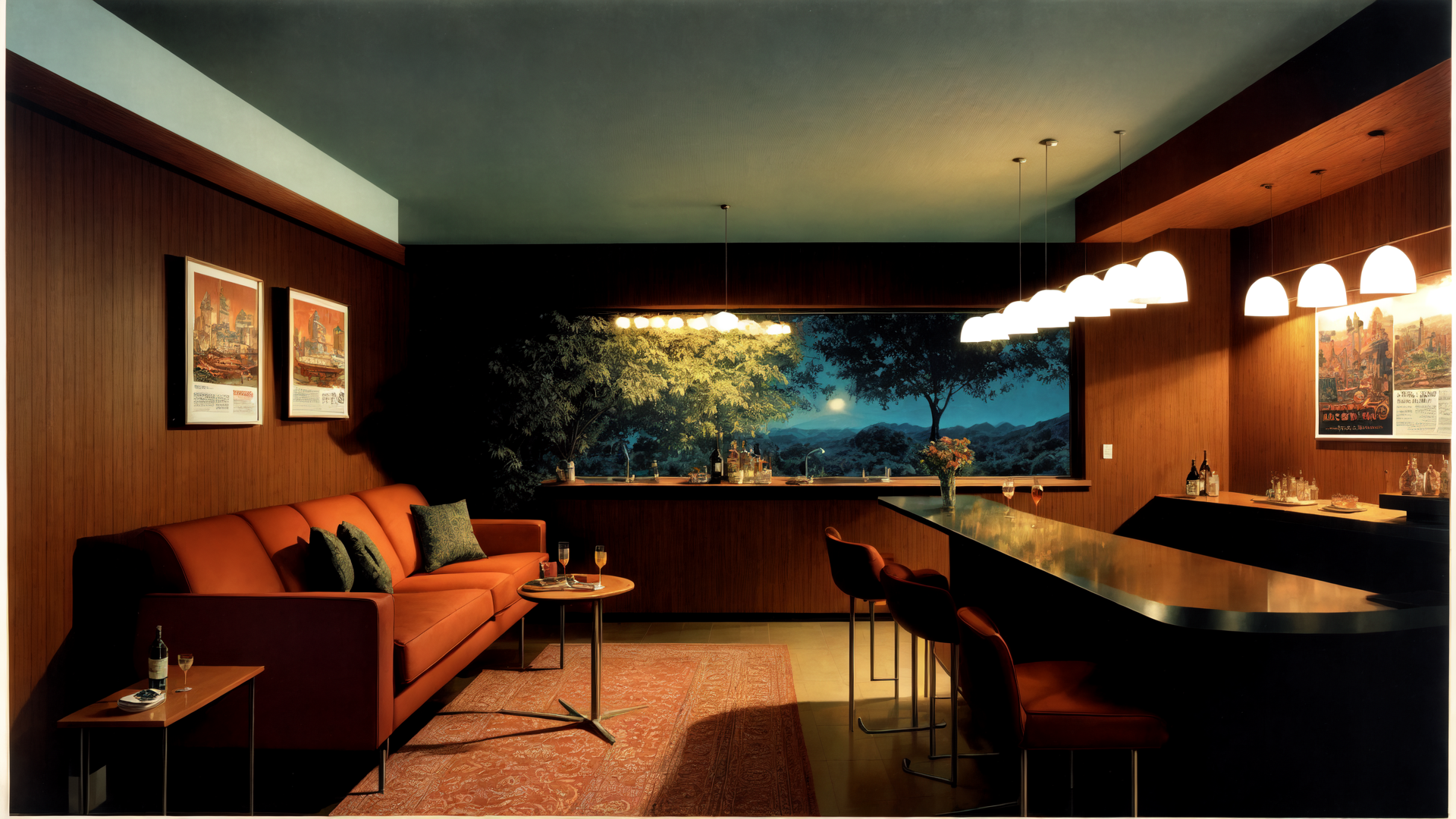 AI generated wallpaper featuring sofa, bar, chairs, art, trees, window, lamps, rugs, bottles, wine