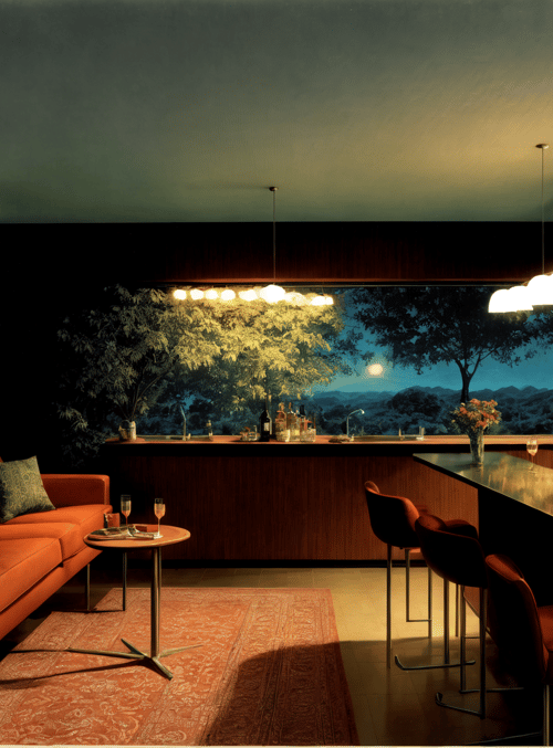 sofa, bar, chairs, art, trees, window, lamps, rugs, bottles, wine