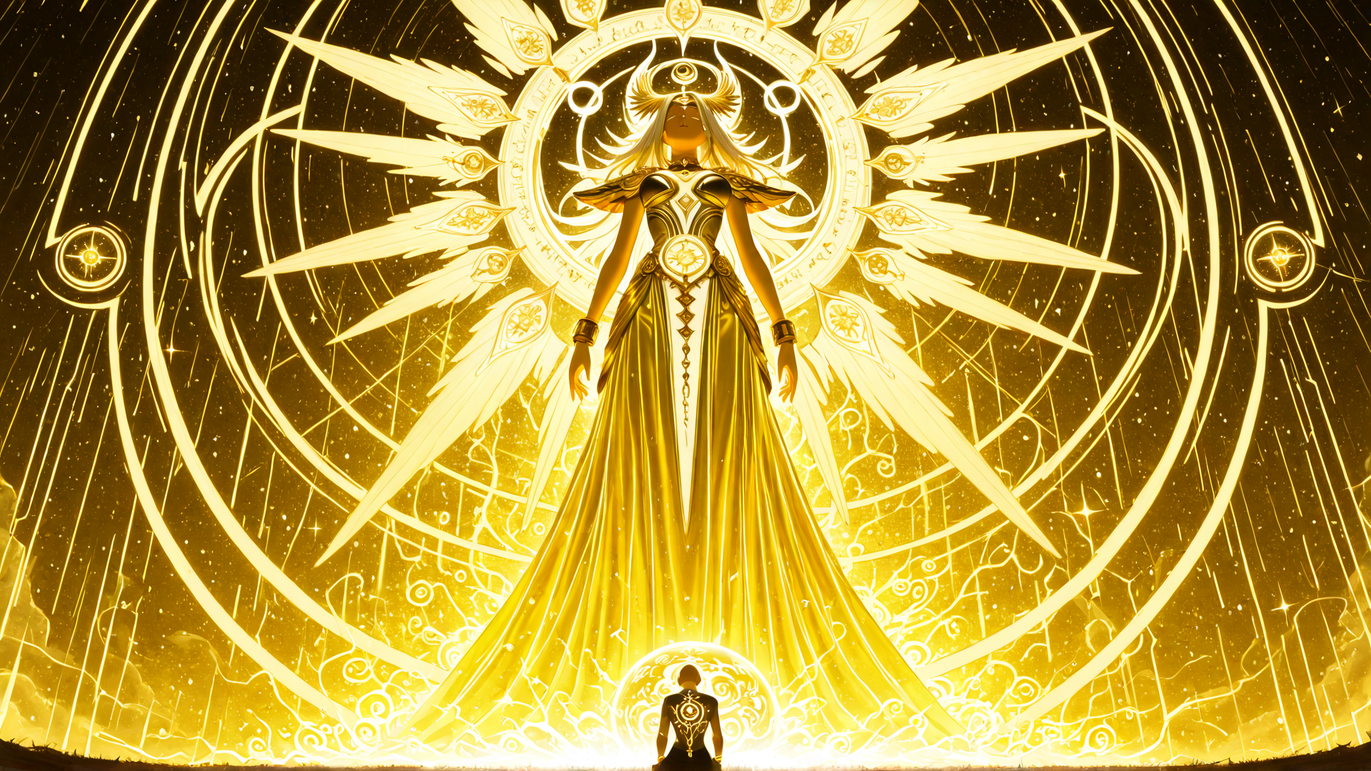 AI generated wallpaper featuring angel, woman, circle, light, symbol, dress, figure, person, design, pattern