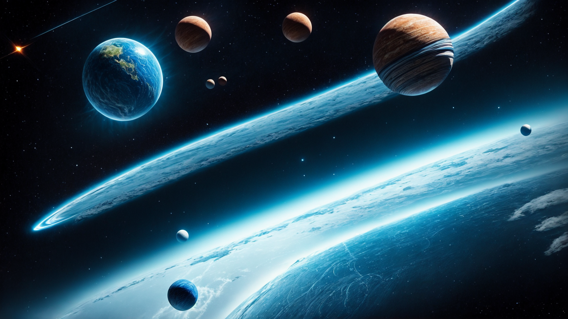 AI generated wallpaper featuring earth, planets, solar system, universe, space, galaxy, stars, satellites, celestial bodies, cosmos