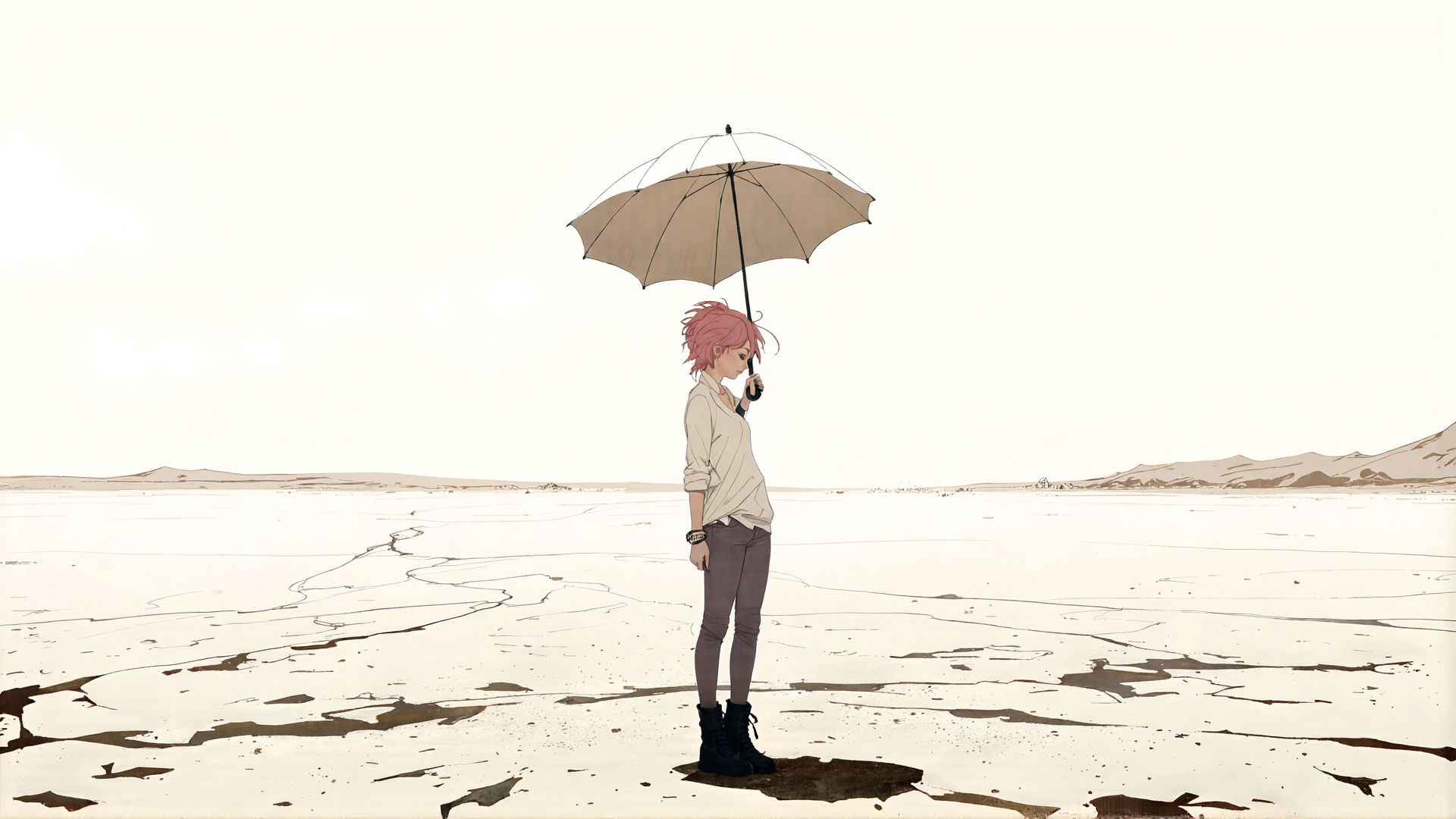 AI generated wallpaper featuring person, umbrella, desert, sand, dunes, hills, shoes, pants, shirt, hair