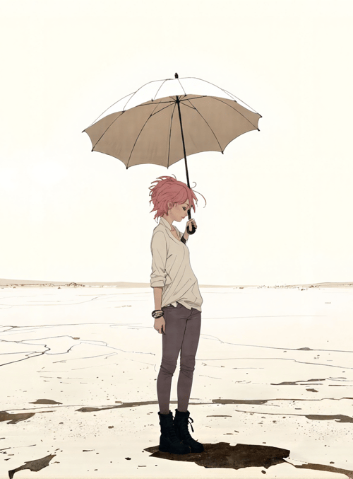 person, umbrella, desert, sand, dunes, hills, shoes, pants, shirt, hair
