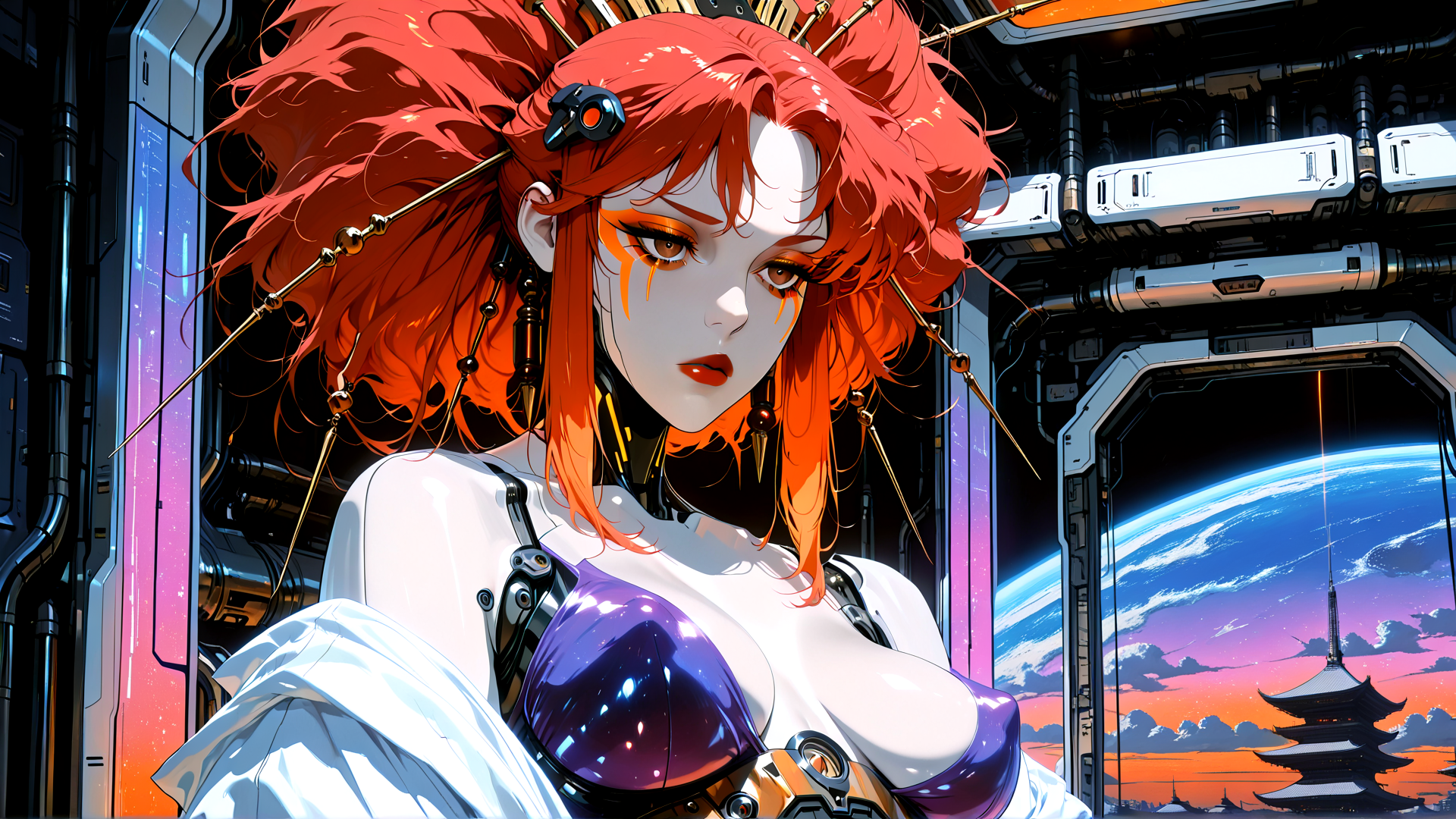 AI generated wallpaper featuring cyberpunk, woman, robot, goggles, hair, space, tower