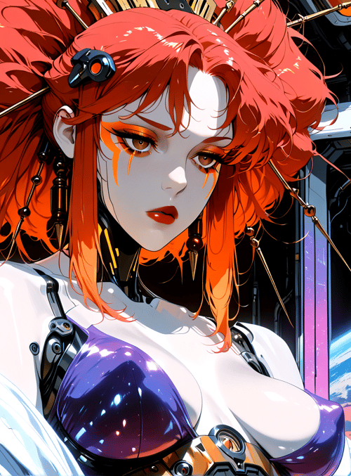 cyberpunk, woman, robot, goggles, hair, space, tower