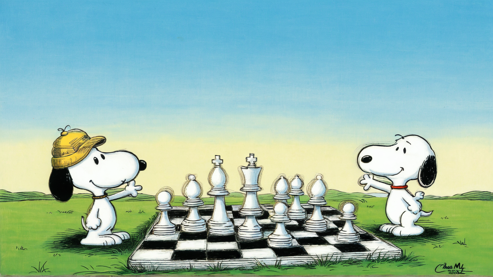AI generated wallpaper featuring snoopy, chess, dog