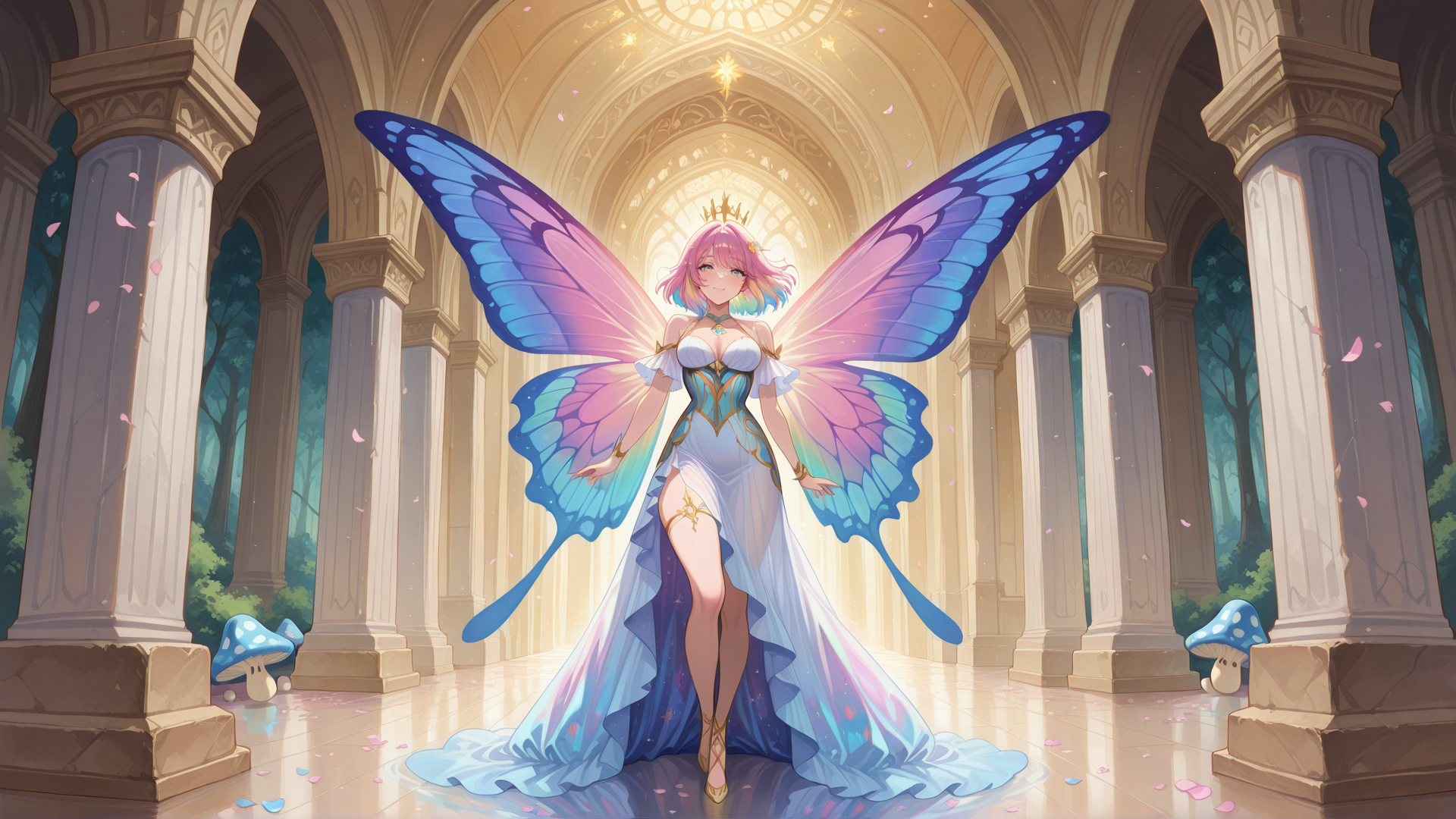AI generated wallpaper featuring fairy, princess, butterfly, wings, columns, mushroom, dress, crown, petals, arch