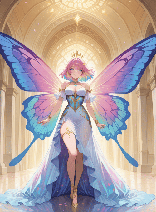 fairy, princess, butterfly, wings, columns, mushroom, dress, crown, petals, arch