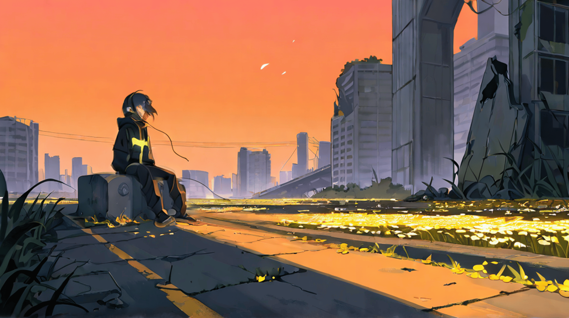 AI generated wallpaper featuring person, city, flowers
