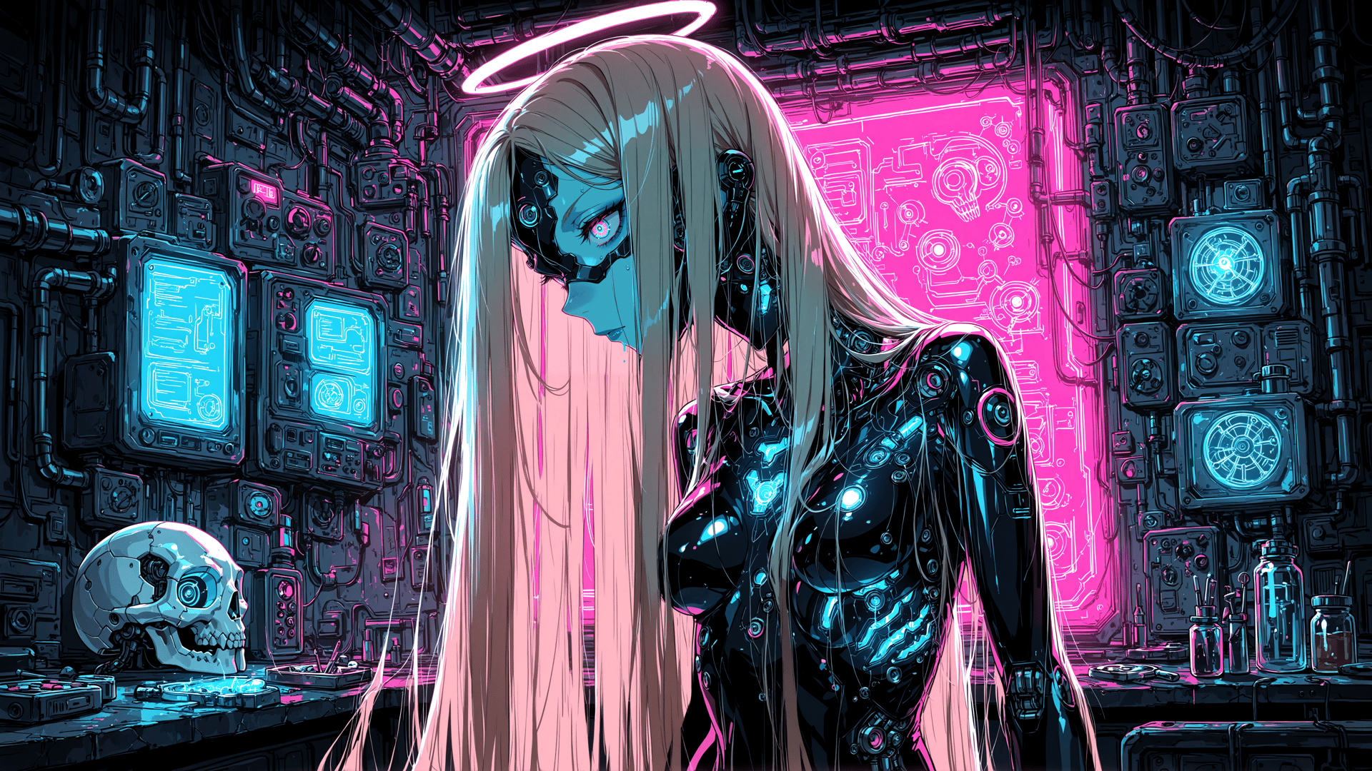 AI generated wallpaper featuring cyborg, robot, girl, skull, neon