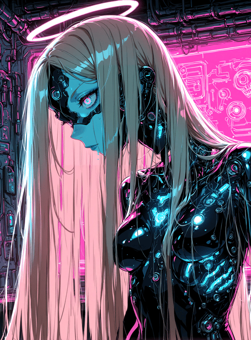 cyborg, robot, girl, skull, neon