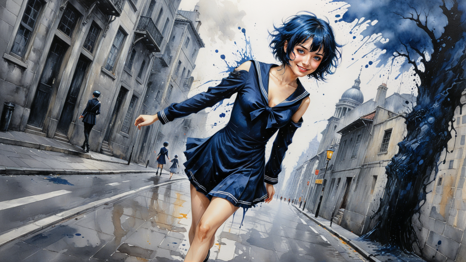 AI generated wallpaper featuring girl, street, buildings