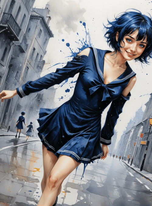 girl, street, buildings