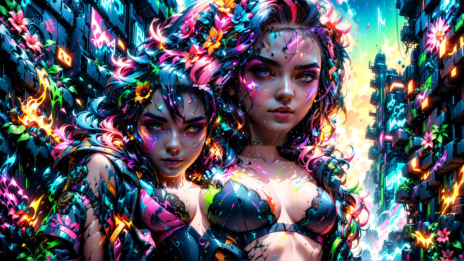 AI generated wallpaper featuring women, cyberpunk, flowers