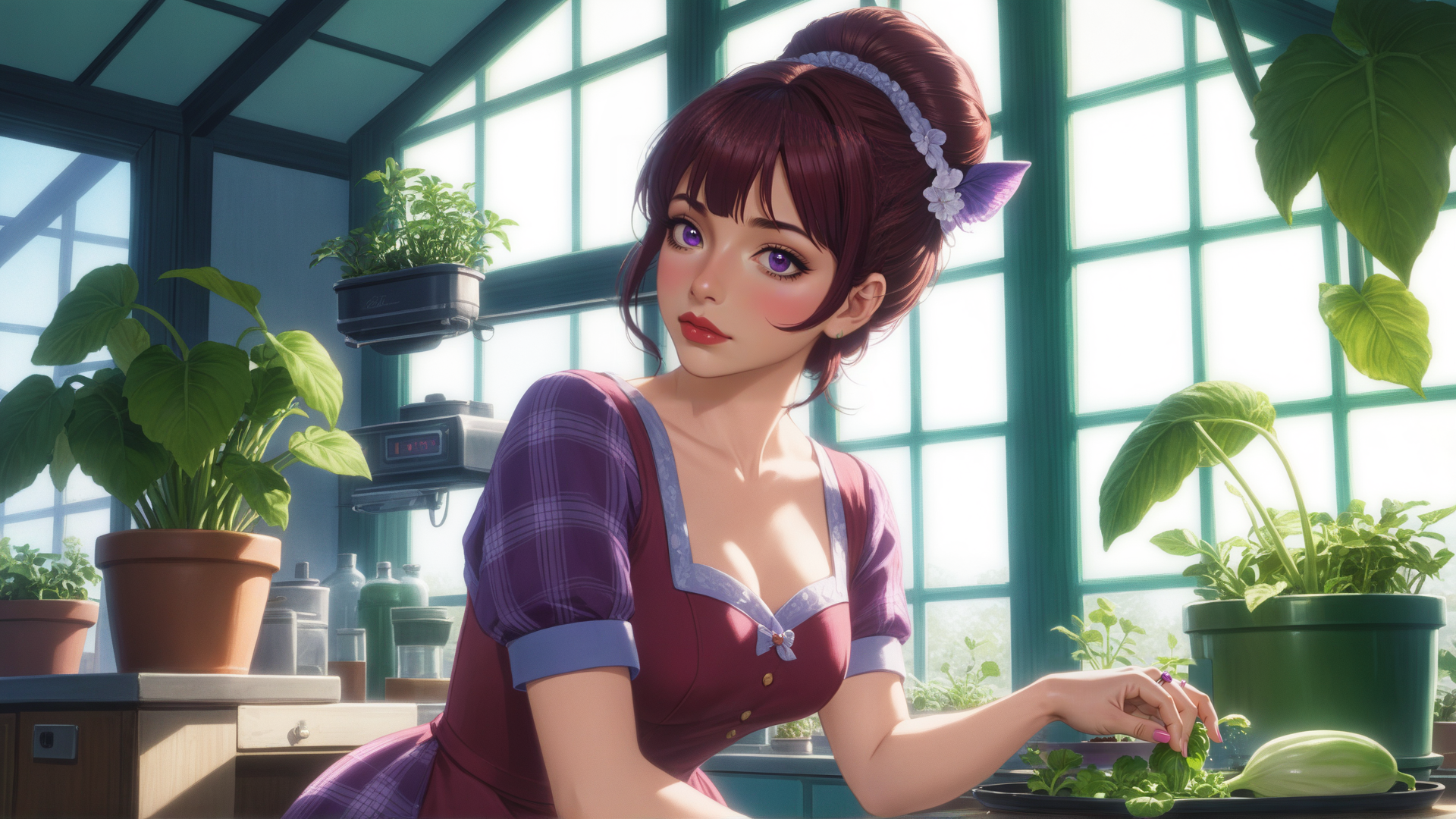AI generated wallpaper featuring woman, plants, greenhouse