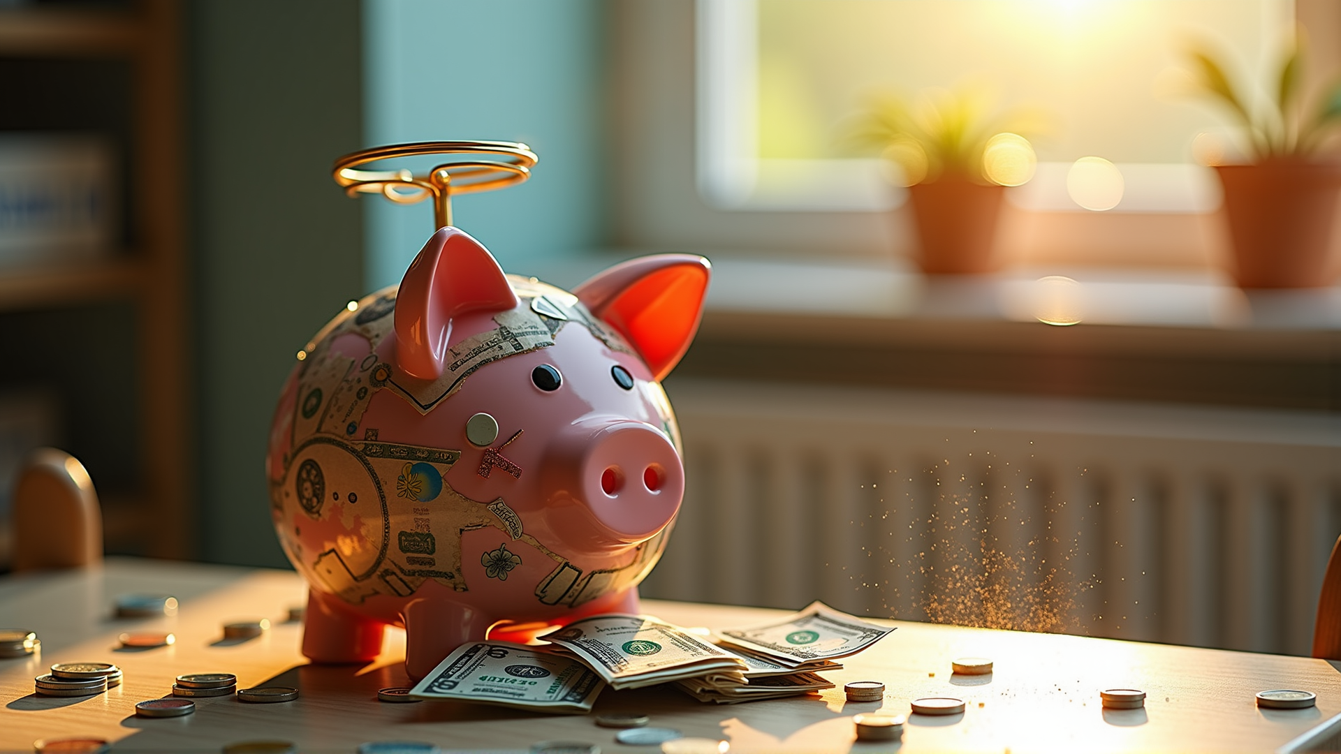 AI generated wallpaper featuring piggy bank, coins, bills, table, window, plants, radiator, money, coins, dollar bills