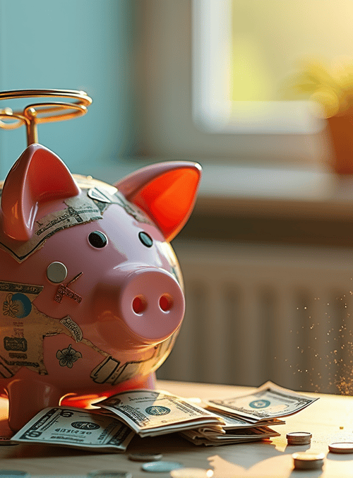 piggy bank, coins, bills, table, window, plants, radiator, money, coins, dollar bills