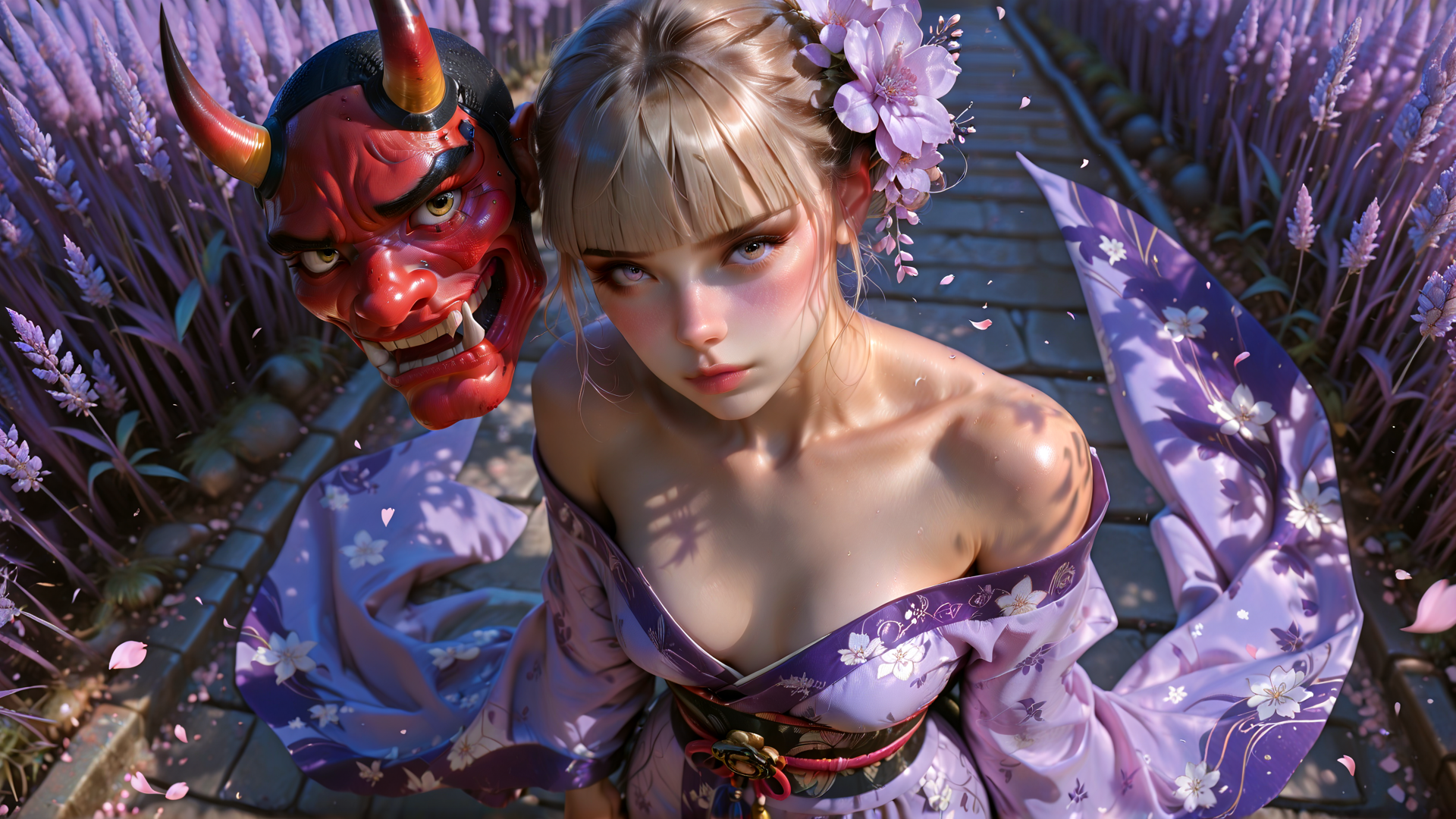 AI generated wallpaper featuring woman, devil mask, kimono, lavender, cherry blossom
