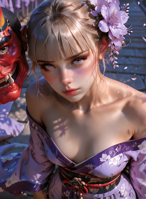 woman, devil mask, kimono, lavender, cherry blossom