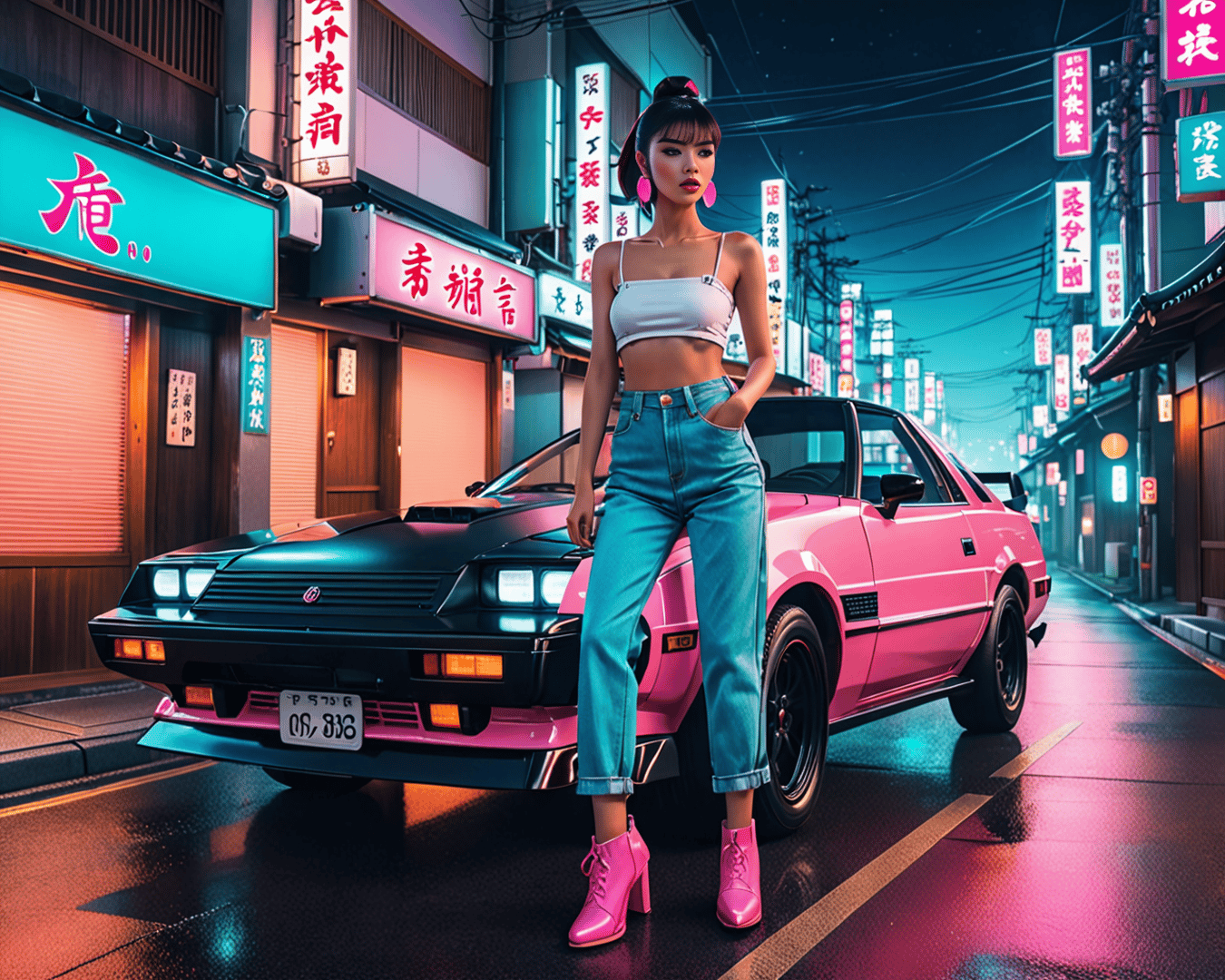 AI generated wallpaper featuring woman, car, street