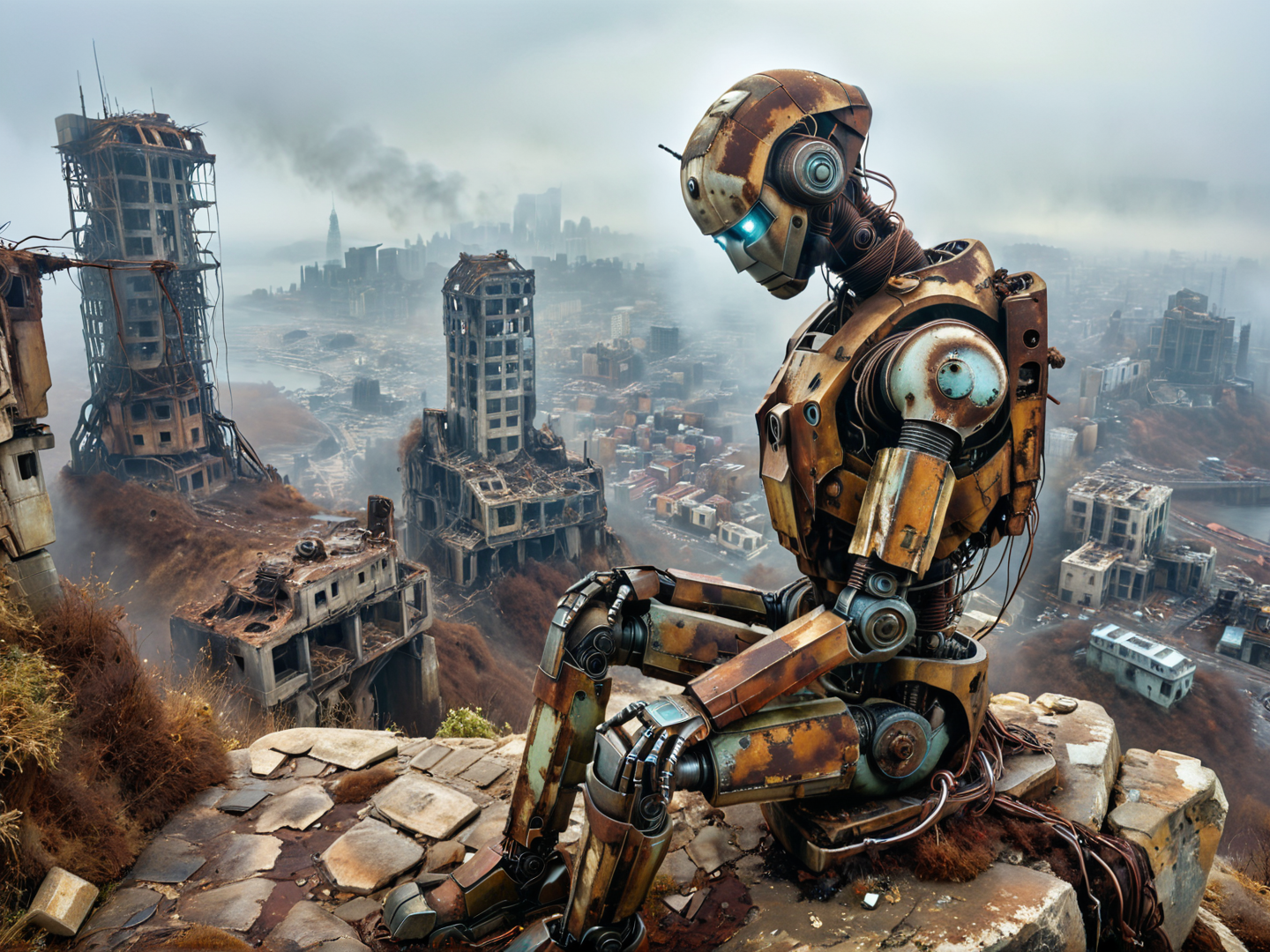 AI generated wallpaper featuring robot, ruins, cityscape, concrete, wreckage