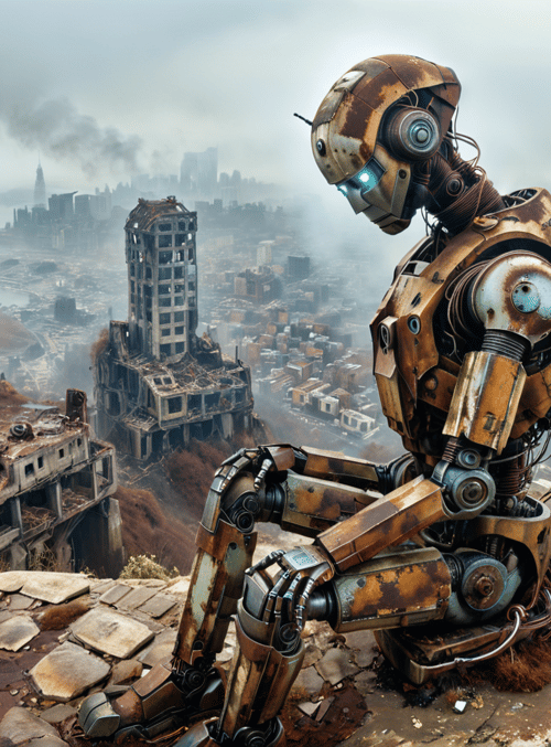 robot, ruins, cityscape, concrete, wreckage