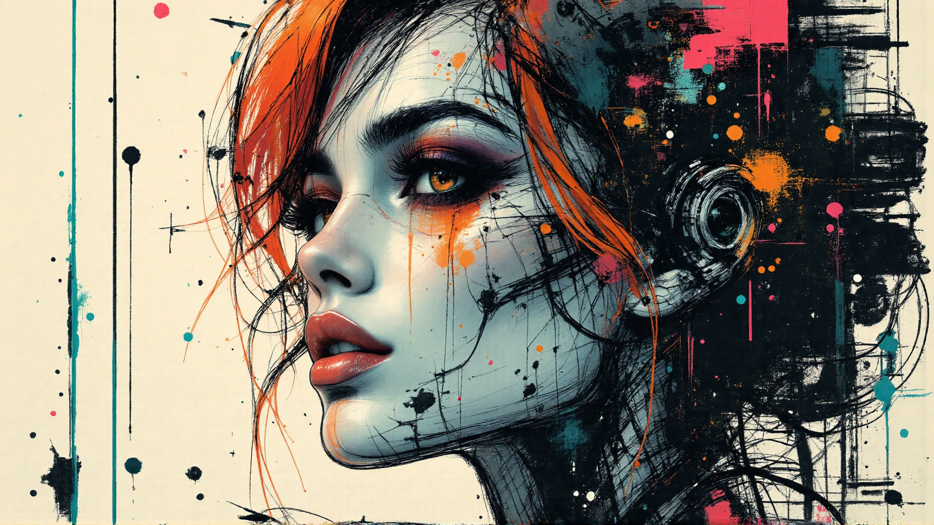AI generated wallpaper featuring woman, art, face, cyberpunk, digital, character, portrait, painting, illustration, head