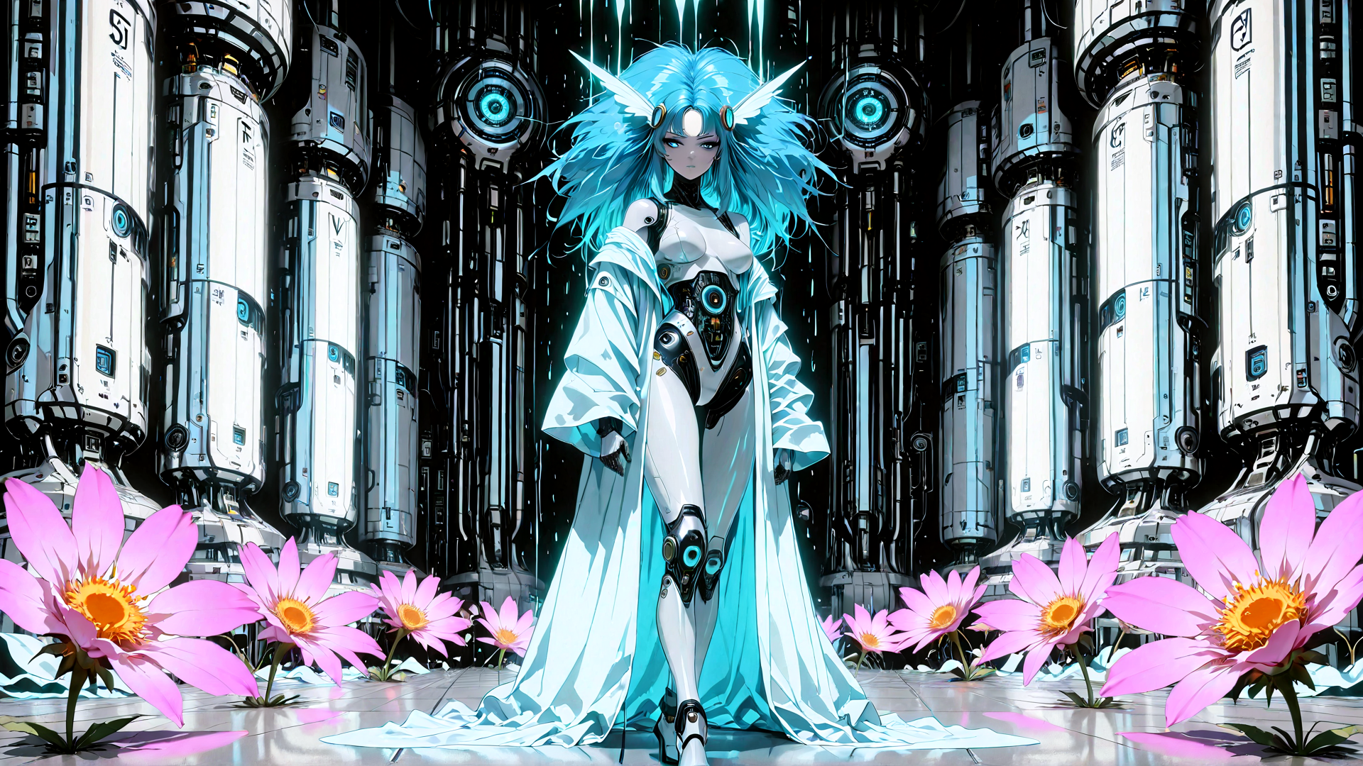 AI generated wallpaper featuring cyborg, fashion, flower, robot, spaceship, armor, gown, antenna, helmet, neon