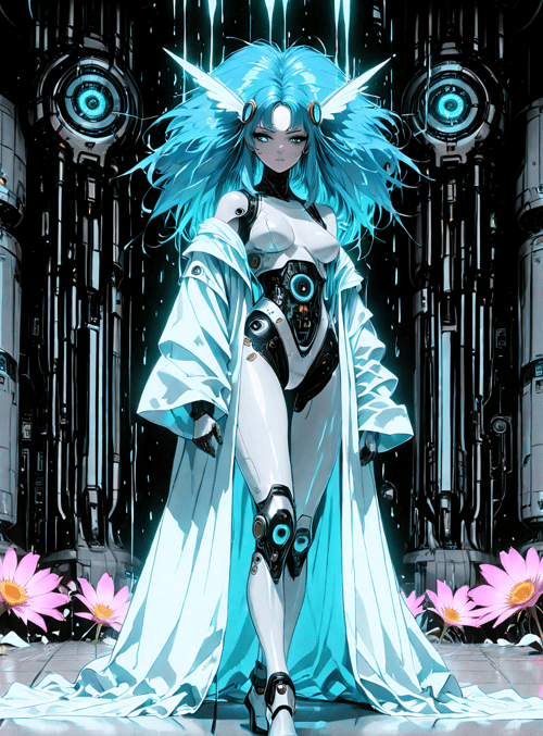 cyborg, fashion, flower, robot, spaceship, armor, gown, antenna, helmet, neon