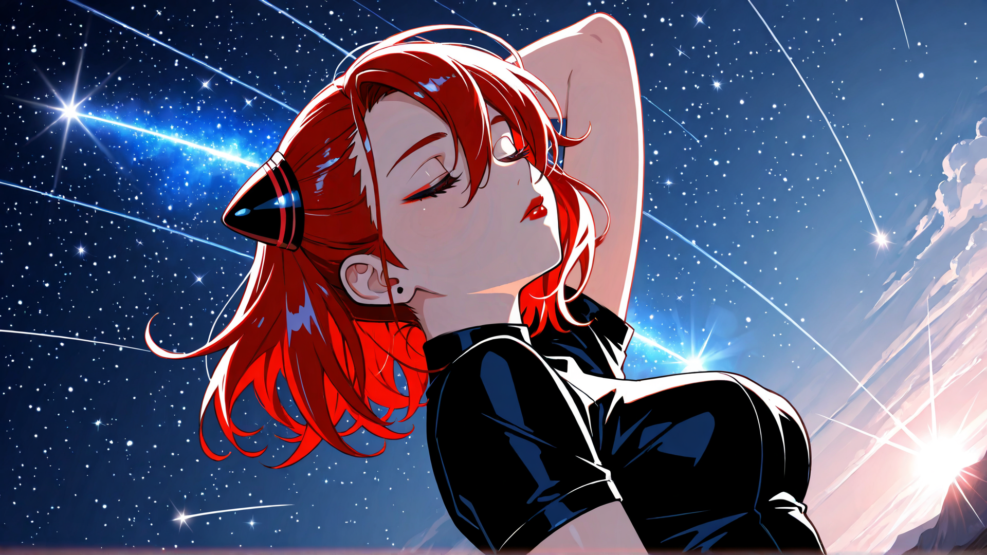AI generated wallpaper featuring anime girl, red hair, space, cat ears, black top