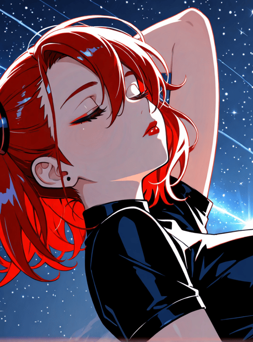 anime girl, red hair, space, cat ears, black top