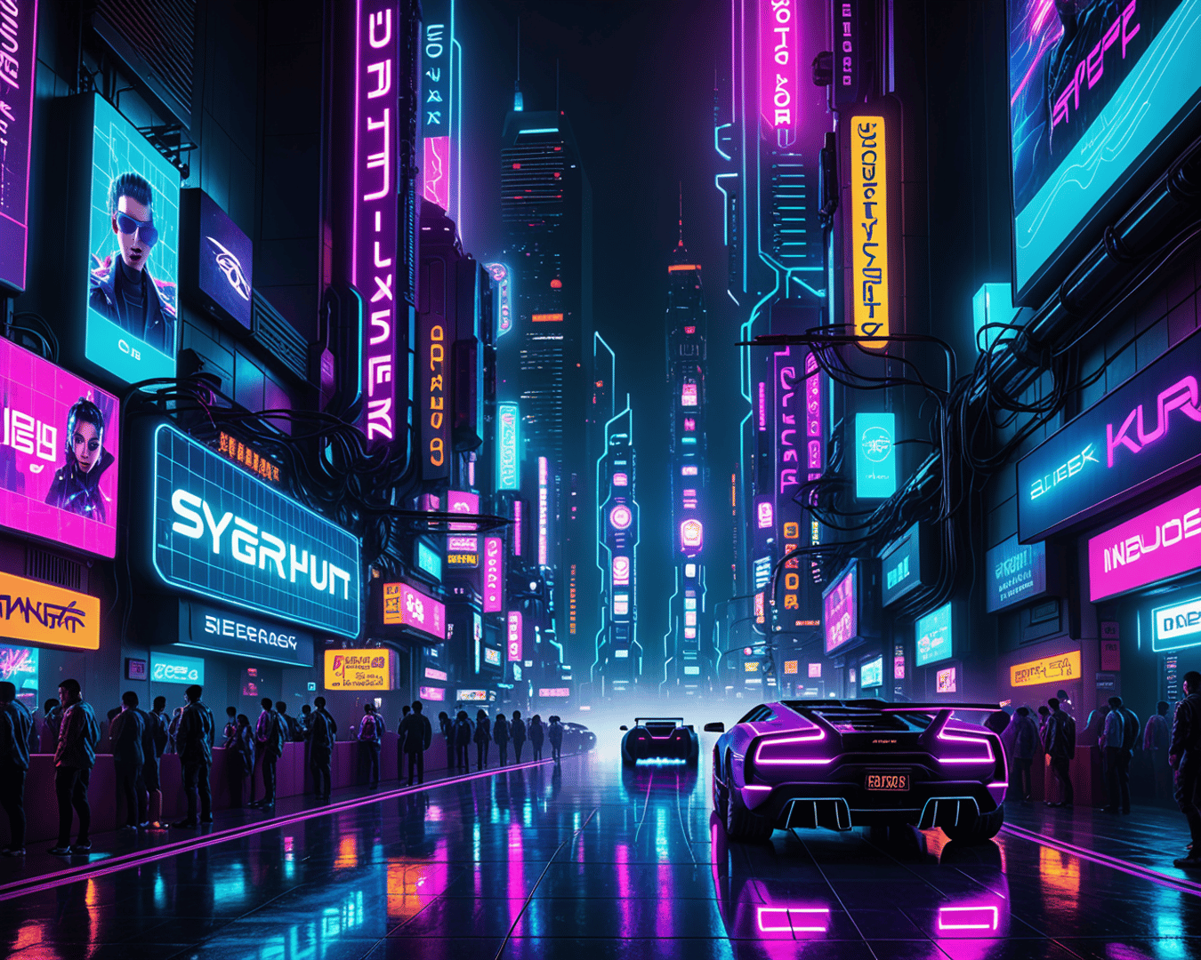 AI generated wallpaper featuring city, cars, billboards