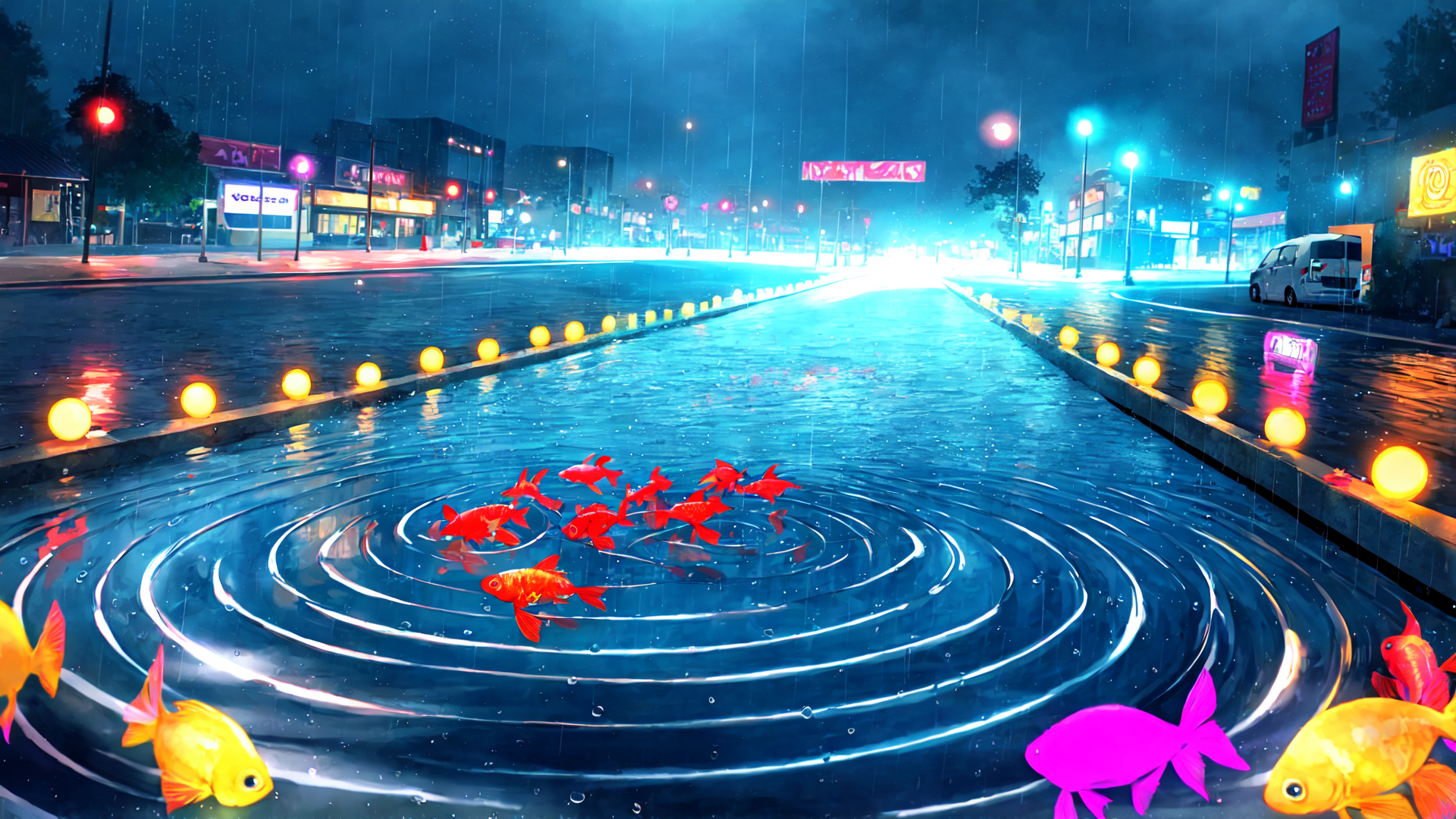 AI generated wallpaper featuring fish, rain, street, road, lights, city, water, rings, vehicles, buildings