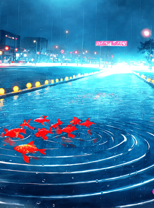 fish, rain, street, road, lights, city, water, rings, vehicles, buildings